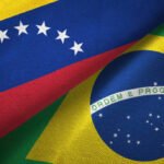 Venezuela and Brazil flags together relations textile cloth, fabric texture